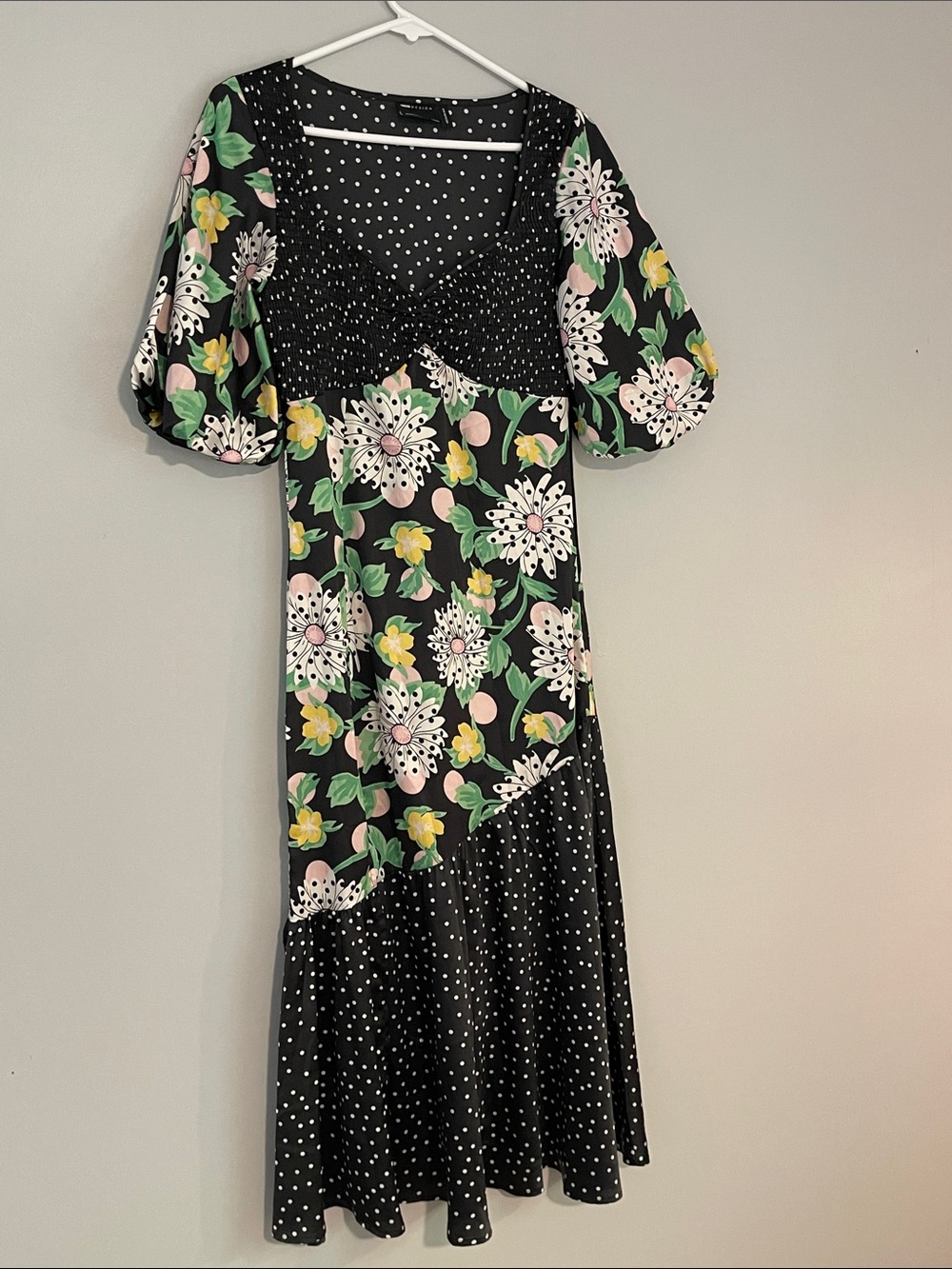 ASOS Black Floral & Polka Dot Midi Dress with Pink and Yellow Accents